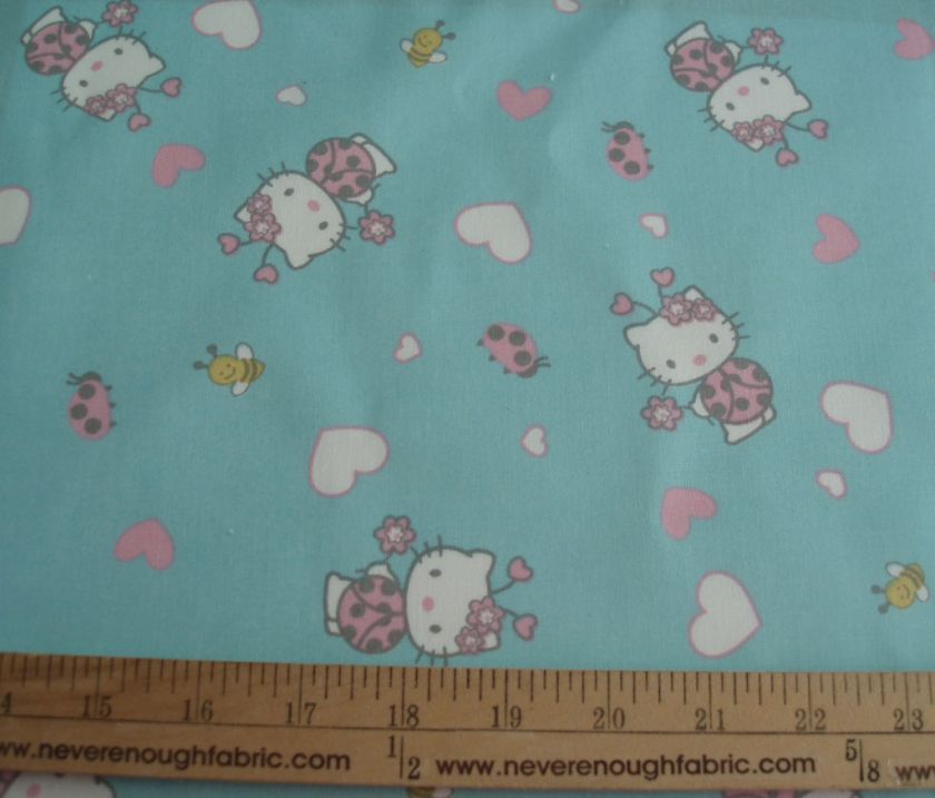 COTTON Fabric Sanrio Ladybug Hello Kitty on Aqua BTY  