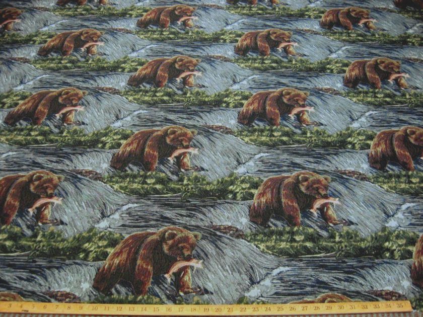 Grizzly Bear with fish tapestry upholstery fabric ft868  