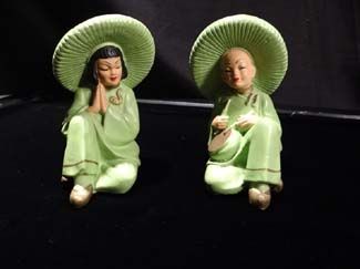   Pair Green Oriental Asian Sitting Man Woman ART Figurines  