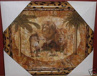 LION SAFARI FRAMED WALL ART PICTURE~JUNGLE CAT PLAQUE~LEOPARD ANIMAL 