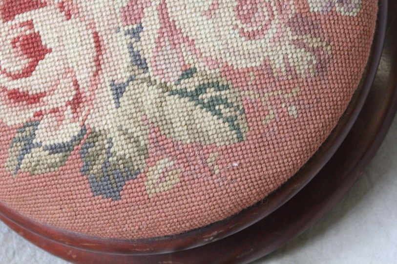   ANTIQUE VICTORIAN PETITE ROUND FOOTSTOOL WITH FLORAL NEEDLEPOINT TOP