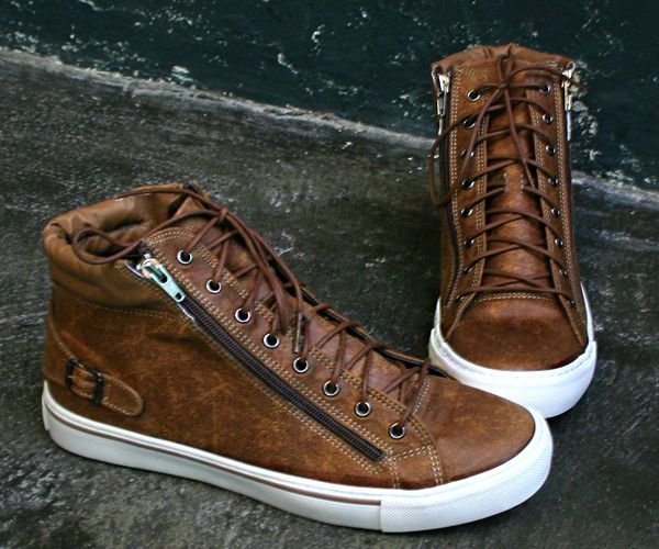 Mens High Top Sneakers Shoes Double Zipper SS020 Brown  
