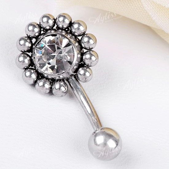 Stainless Steel Clear Crystal Sun Flower Navel Ring 1PC  