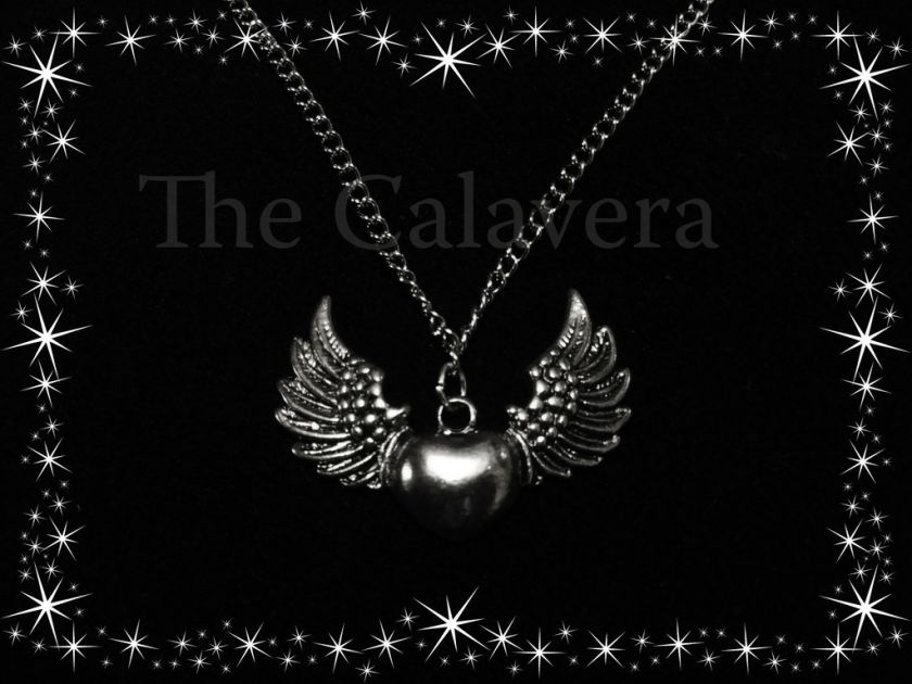 Silver sacred heart wings necklace goth emo rockabilly  